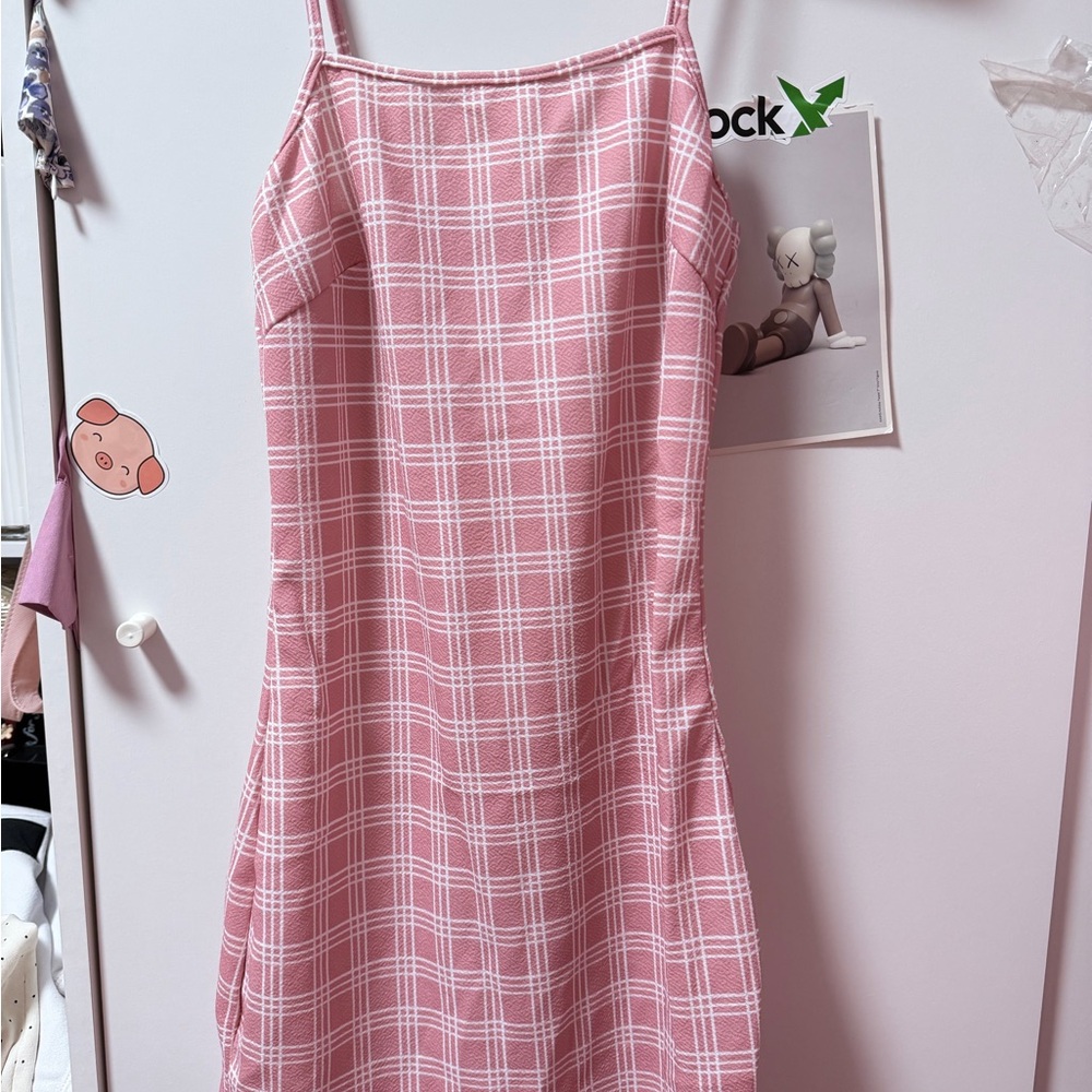 SHEIN Pink Checkered Spaghetti Strap Mini Dress